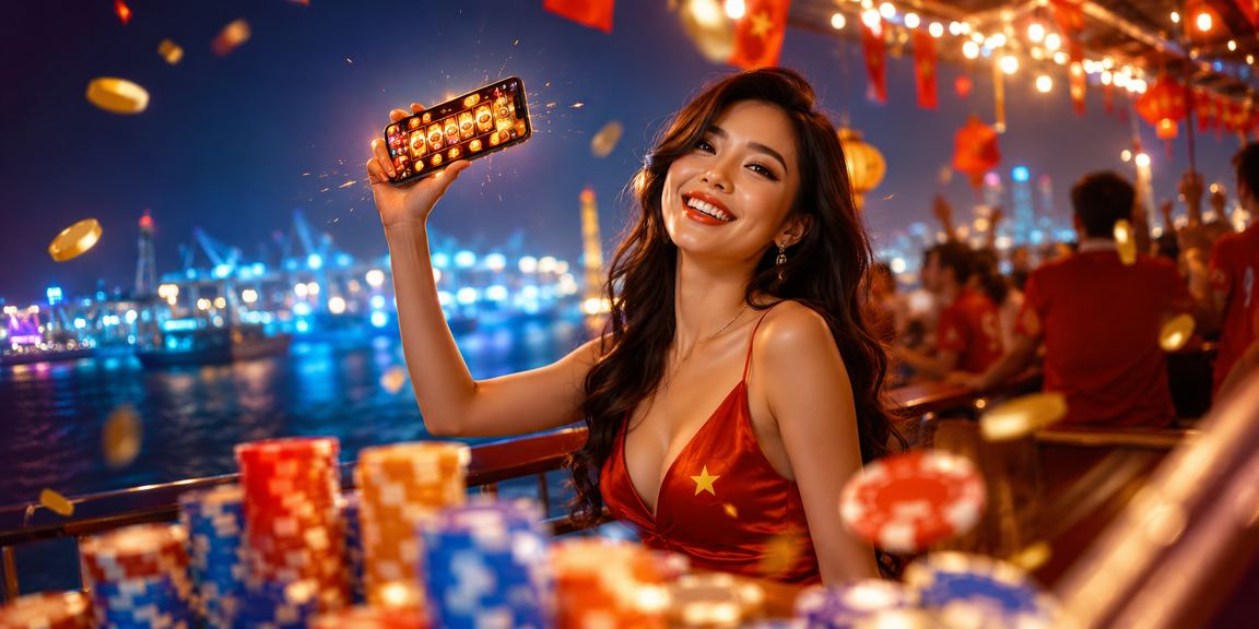 Người chơi slots tại chợ đêm Hải Phòng với ánh đèn neon rực rỡ và điện thoại trên tay