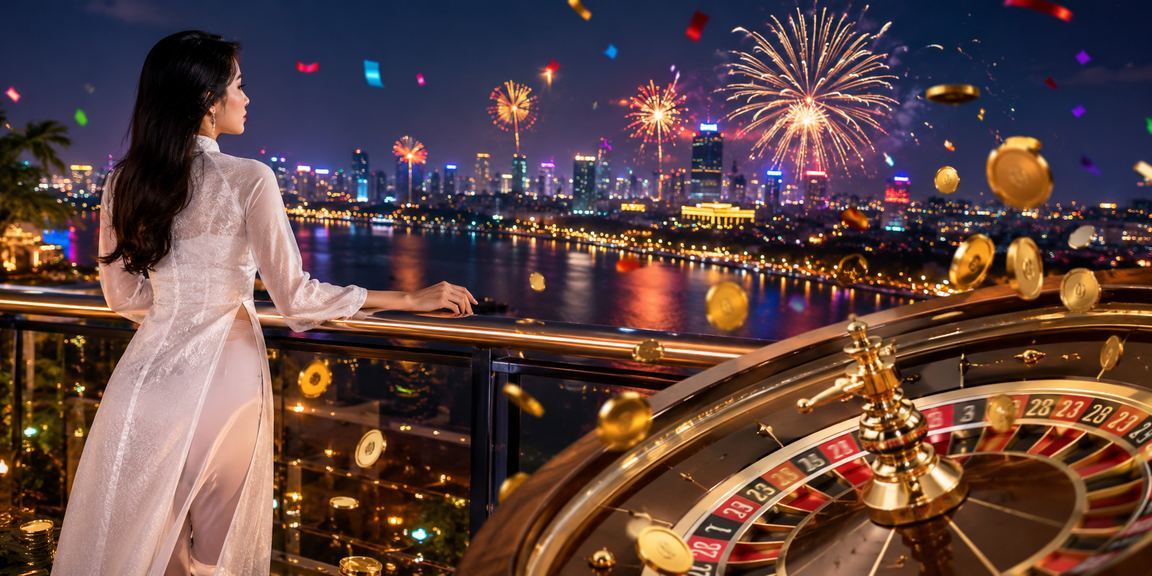 Người phụ nữ Hà Nội mặc áo dài ngồi cạnh bàn roulette trong không khí giải trí casino sang trọng