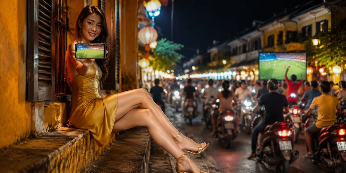 Phố cổ Hội An về đêm với ánh đèn neon lung linh, người dùng thưởng thức cá cược thể thao trên điện thoại