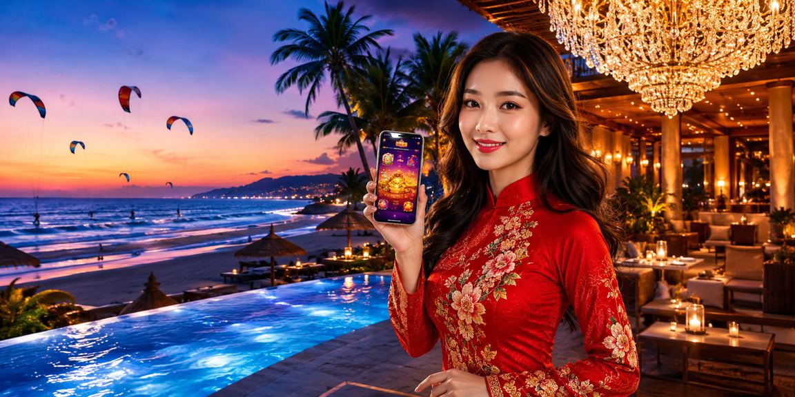Phụ nữ mặc áo dài truyền thống trải nghiệm ứng dụng casino trên điện thoại tại Mũi Né